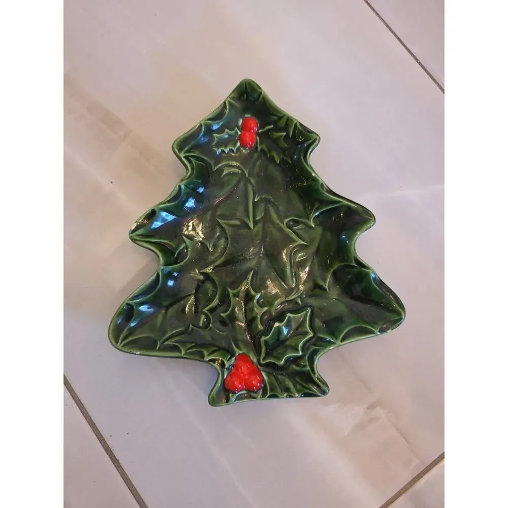 Vintage Lefton Green Holly Christmas Tree Candy Dish , Holly Berries‎ 1971/72